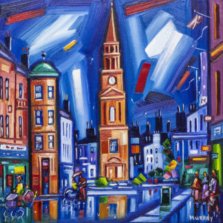 A vibrant, expressionist painting of an urban scene with buildings, people, and dynamic brush strokes depicting a lively street at night. By Raymond Murray